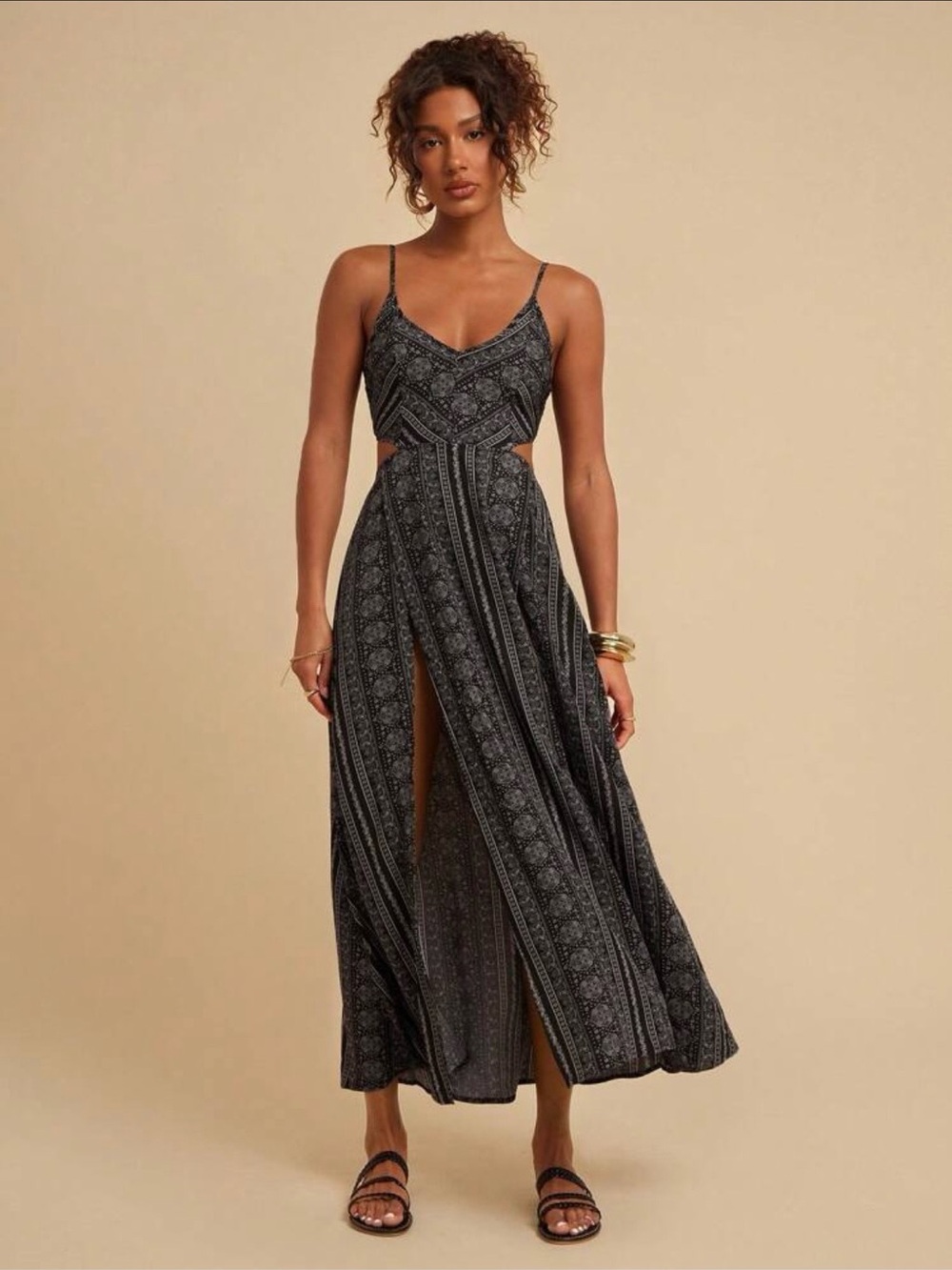 SHEIN Black and White Printed Spaghetti-Strap Maxi Dress with Bodice cut outs.